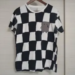 Mサイズ◆ゲゲゲの鬼太郎 白黒 チェック柄 Tシャツ ぬりかべ