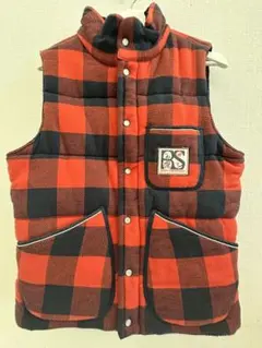 古着 赤と黒のチェック ダウンベスト