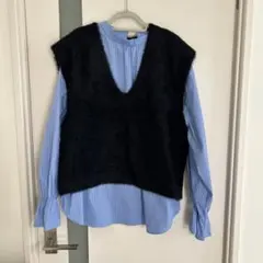 ブラックニットベスト Vネック、ブラウス2点セット