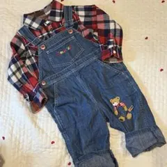 デニムオーバーオール&チェック柄シャツ