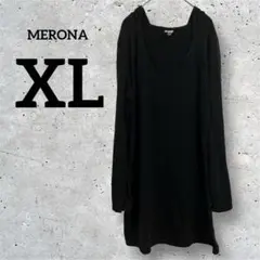 MERONA【XL】フード付き長袖チュニック　Vネック　ブラック　黒　カットソー