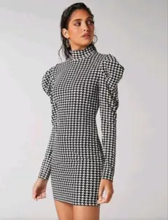 超美品 千鳥格子柄ボディコンワンピ パワーショルダー XS 白黒 インポート