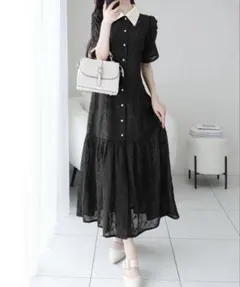 【mily bilet】花刺繍ガーゼレトロシャツワンピース ブラック Mサイズ