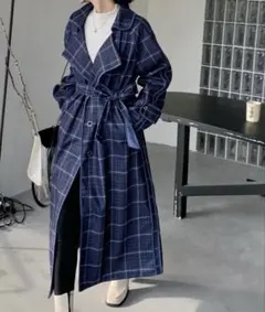 【新品未使用】ブルーグレー　チェック柄配色パイピング　 ロングチェスターコート