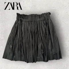 美品ZARA ザラ プリーツスコート ハイウエスト フェイクレザー ブラック M