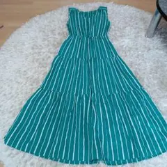 ノースリーブロングワンピース 緑白ストライプ