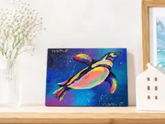 カラフルなウミガメの原画 キャンバスパネル 絵画 現代アート 手描き