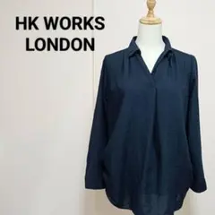 ブラウス L 濃紺 ネイビー系 長袖 スキッパーシャツ 裾ドレープ