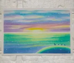 月と星の夜空の絵 パステル画 手描き 原画 アート作品 ハガキサイズ