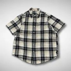 クラブルームコットンリネン半袖シャツチェック柄 ベージュ×黒L