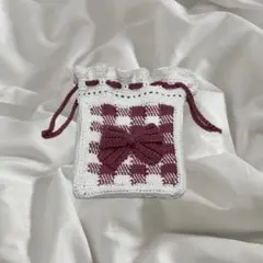 【 現品限り 】 編み物 かぎ針編み ピンク ホワイト 巾着 チェック リボン