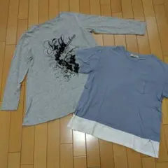 レディーストップス グレー長袖 チュニック ブルー半袖Tシャツ レイヤード