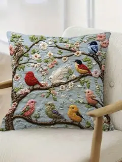 鳥と花の刺繍風クッションカバー 45cm