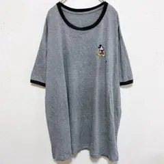 ディズニー ミッキー刺繍 リンガーＴ 半袖 ビッグサイズ【4L】灰色黒 綿 街着