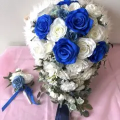 美品★高級造花 ブルーブーケ＆ブートニア 2点セット 結婚式 前撮り
