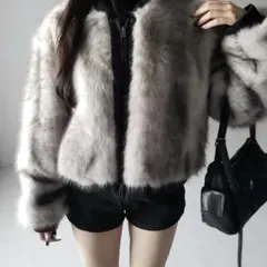 me+me select ジップアップミックスフェイクファーショートブルゾン