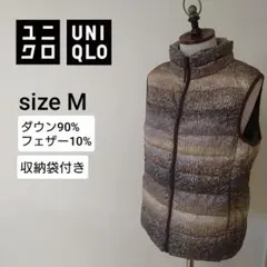 ユニクロ ウルトラライトダウンベスト ハイネック ニット柄ブラウン レディースM