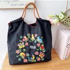 FEILER 花柄刺繍 トートバッグ 黒　エコバッグ　ボールアンドチェーン