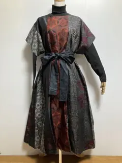 着物リメイク　大島紬Aラインワンピース　スヌード&リボンベルト付き　正絹