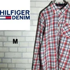 ヒルフィガーデニム　トミーヒルフィガー　長袖シャツ　チェック柄　白　桃　M