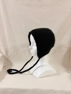 編み物　かぎ編み　帽子　ニットボンネット　バラクラバ　ハンドメイド　黒