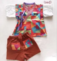 極美品 ハンドメイド 甚平 上下セット 幾何学柄 レース袖 女の子 80