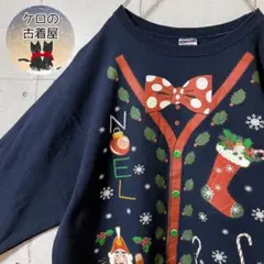 ジャージーズ クリスマス 服風プリント スウェット トレーナー L ネイビー