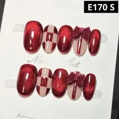 現品ネイルチップ　ショートオーバル　アートチェック柄3Dリボンラメマグネット赤系