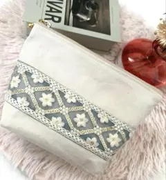 インド刺繍リボン ポケットあり ポーチ ハンドメイド