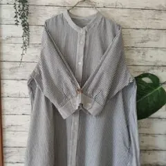 ストライプ柄 七分袖ワンピース　シャツワンピース　チュニック