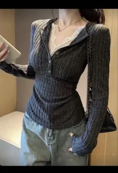 ボタン付き カジュアル レース 集皺 2way ブラシドT-シャツトップ