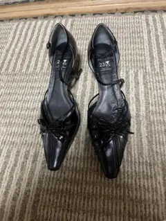 【美品】23区 ポインテッドトゥー サンダル 23 ブラック 黒 リボン 上品