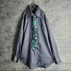 【ネクタイシャツ】 古着 光沢シャツ 総柄ネクタイ ダークグレー