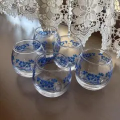 青い花柄グラス 5個セット 昭和レトロなグラス