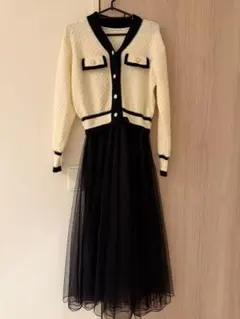 アイボリー・ブラック カーディガンスタイル ロングワンピース