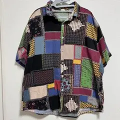 パッチワーク風 シャツ 半袖 古着 柄シャツ パッチワーク マルチカラー