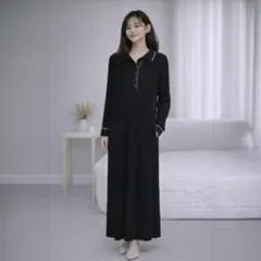 【きれいめ】GU リブニット ロングワンピース L ネイビー Iライン 長袖