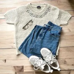 半袖 ニット セーター ビジュー付 エクリュ ホワイト ベージュ イタリア製