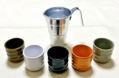 未使用　宝酒造　アルミ製チロリ＆陶製ぐい呑み5個　燗酒器セット
