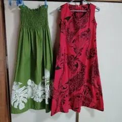 緑シャーリングドレスと赤Aラインワンピースセット（ハンドメイド）