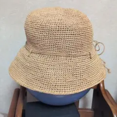 ベージュ 編み物 バケットハット リボン付き