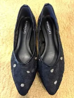 値下げ刺繍フラットシューズ ブラック レースシースルー24.5〜25のサムネイル