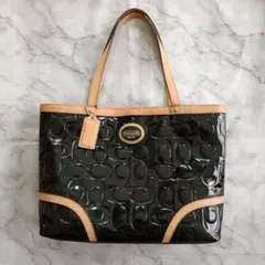 COACH エナメル シグネチャー トートバッグ 黒 ブラック F48166