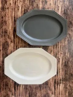 ドット八角オーバル大皿クリーム2枚 洋食器 美濃焼 オシャレ カフェ風 
