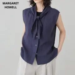美品 23SS マーガレットハウエル 麻100% ブラウス 紺 ネッカチーフ