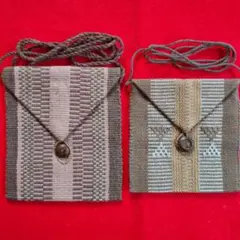 ハンドメイド　手織りブラウンベージュストライプポシェット