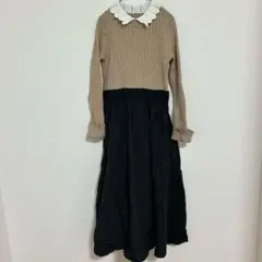 ベージュと黒のロングワンピース 襟付き スカート ニット モノトーン