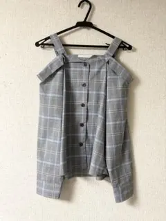 セシルマクビー オフショルダー グレー系チェックシャツ 肩出し レディース M