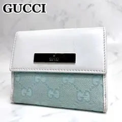 GUCCI 二つ折り 財布 GGキャンバス Wホック ロゴプレート ブルー