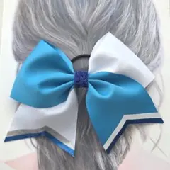 キラキラ輝くダンスを応援！青×白×シルバー金チアダンスリボンヘアゴムおひとつ☆